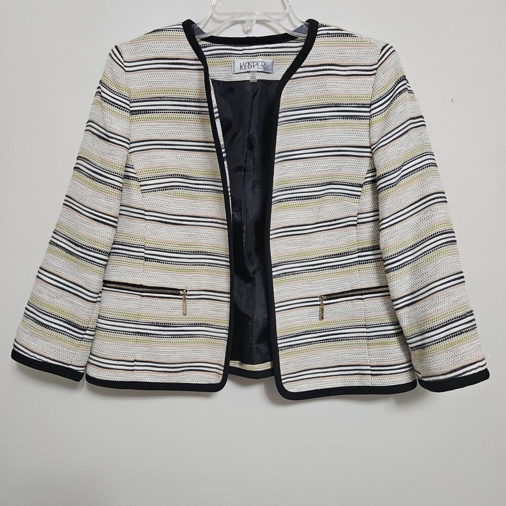 Kasper Open Blazer Jacket lined Womens Size 10 Multi colored Trimmed In black LN